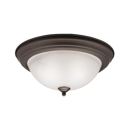 Kichler 13.25in 2-Light Flush Mount | Transitional Olde Bronze and Satin Etched Glass | Bedrooms & Hallways | 13.25 x 6 in | Model 8112OZ