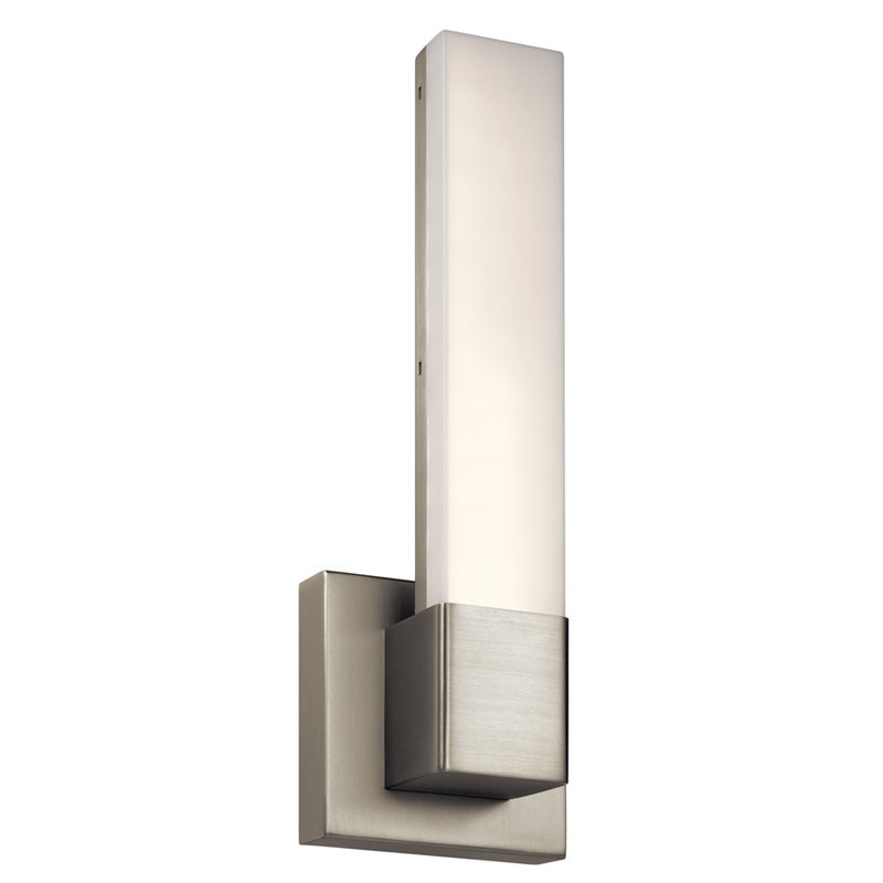 Kichler Neltev 15in 2-Light LED Wall Sconce | Contemporary Satin Nickel and Glass | Bathroom & Hallway Accent | 5 x 14.5 x 3 in | Model 83793