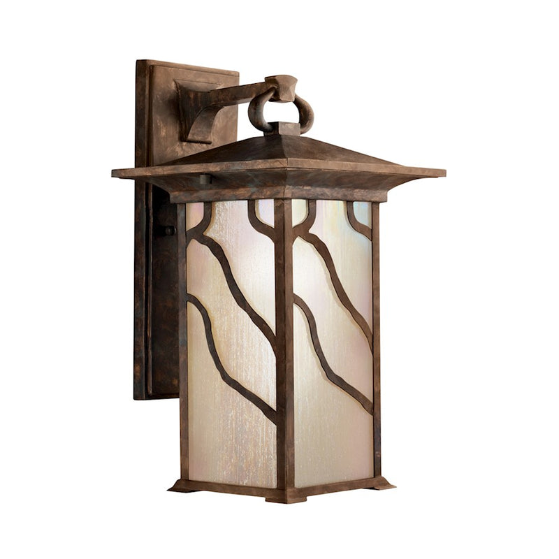 Kichler Morris 8in 1-Light Outdoor Wall Sconce | Arts & Crafts Distressed Copper and Inside Etched Iridized Seeded Glass | Covered | Model 9031DCO