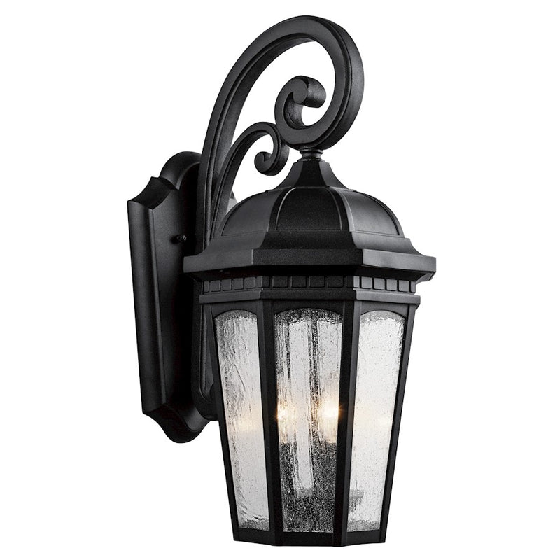 Kichler Courtyard 22in 3-Light Outdoor Wall Sconce | Traditional Textured Black and Clear Seeded Glass | Covered Porch & Patio | Model 9034BKT