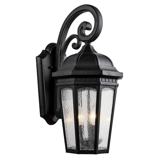 Kichler Courtyard 22in 3-Light Outdoor Wall Sconce | Traditional Textured Black and Clear Seeded Glass | Covered Porch & Patio | Model 9034BKT