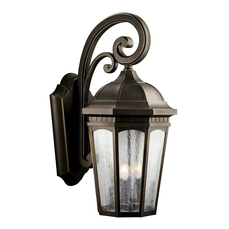 Kichler Courtyard 26in 3-Light Outdoor Wall Sconce | Rubbed Bronze and Clear Seeded Glass | Porch & Patio | 12 x 26 x 17 in | Model 9035RZ