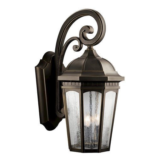 Kichler Courtyard 26in 3-Light Outdoor Wall Sconce | Rubbed Bronze and Clear Seeded Glass | Porch & Patio | 12 x 26 x 17 in | Model 9035RZ