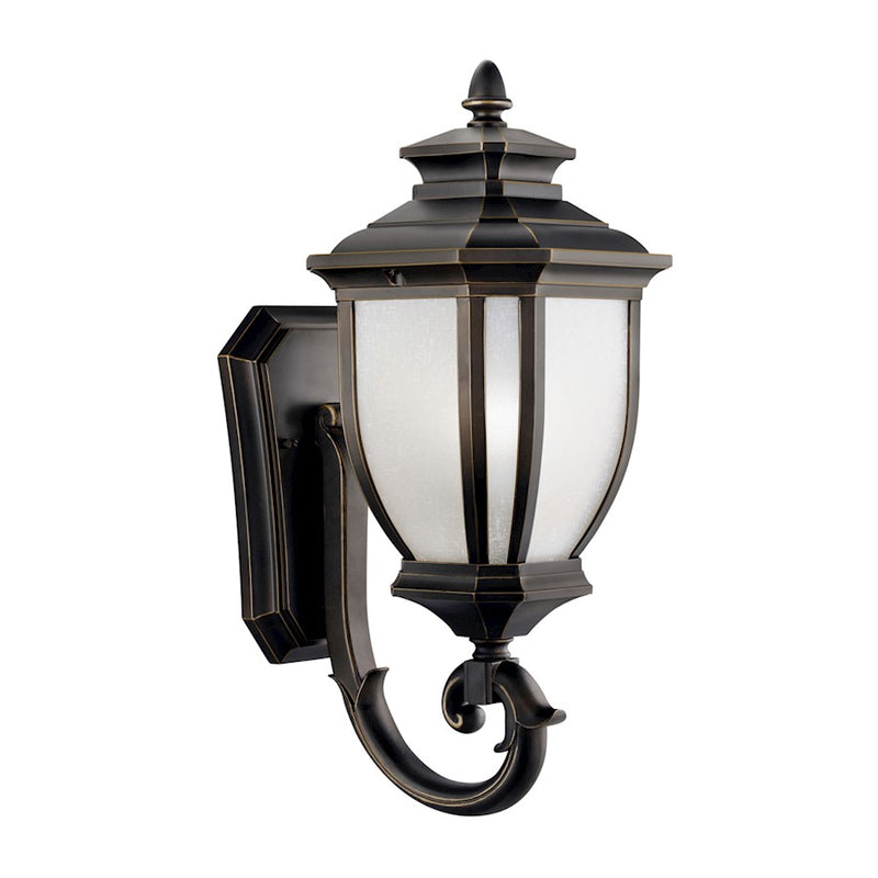 Kichler Salisbury 8in 1-Light Outdoor Wall Lantern | Transitional Rubbed Bronze and White Linen Glass | Covered Patio & Entryway | Model 9041RZ
