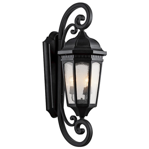 Kichler Courtyard 14in 3-Light Outdoor Wall Lantern | Traditional Textured Black and Clear Seeded Glass | Covered Porch & Patio | Model 9060BKT