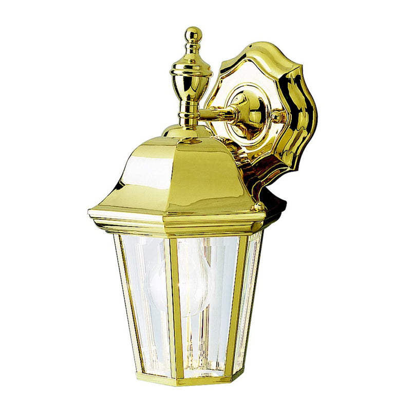 Kichler Grove Mill 8in 1-Light Outdoor Wall Sconce | Traditional Polished Brass and Clear Beveled Glass | Covered Patios & Entryways | Model 9409PB