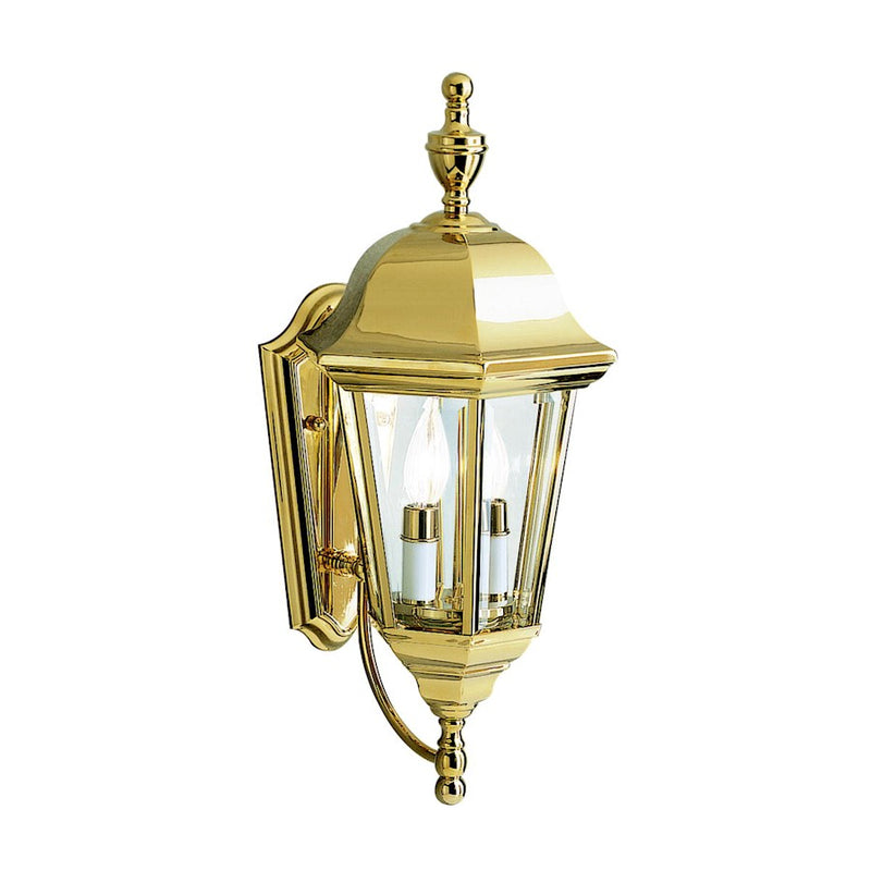 Kichler Grove Mill 10in 2-Light Outdoor Wall Sconce | Traditional Polished Brass and Clear Beveled Glass | Covered Patios & Entryways | Model 9439PB