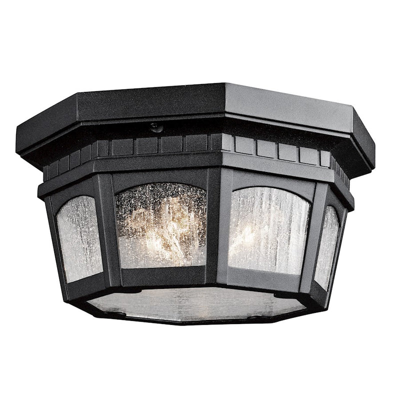 Kichler Courtyard 12in 3-Light Flush Mount | Traditional Textured Black and Clear Seeded Glass | Covered Patio & Porch | Model 9538BKT