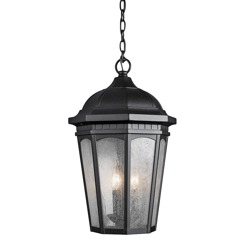 Kichler Courtyard 12in 3-Light Outdoor Pendant | Traditional Textured Black Aluminum and Clear Seeded Glass | Covered Patio & Porch | Model 9539BKT