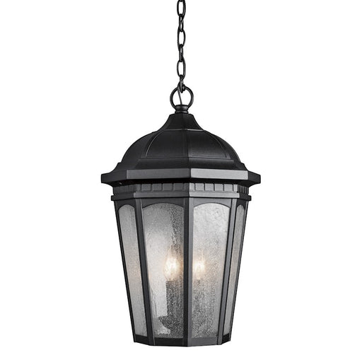 Kichler Courtyard 12in 3-Light Outdoor Pendant | Traditional Textured Black Aluminum and Clear Seeded Glass | Covered Patio & Porch | Model 9539BKT
