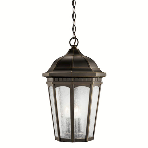 Kichler Courtyard 12in 3-Light Outdoor Pendant | Traditional Rubbed Bronze and Clear Seeded Glass | Covered Porch & Patio | Model 9539RZ