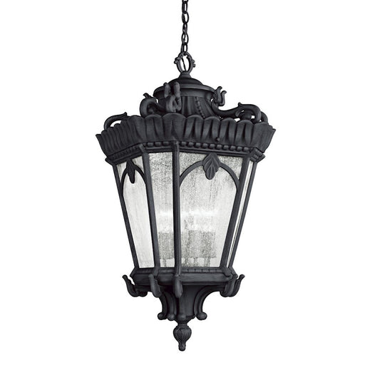 Kichler Tournai 17in 4-Light Outdoor Pendant | Traditional Textured Black and Clear Seeded Glass | Covered Patio & Entryway | Model 9564BKT
