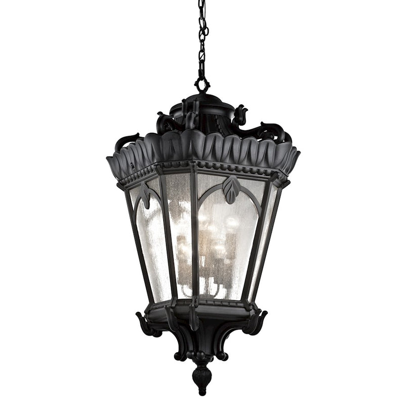 Kichler Tournai 26in 8-Light Outdoor Pendant | Textured Black Aluminum and Clear Seeded Glass | Covered Patio & Porch | Model 9568BKT