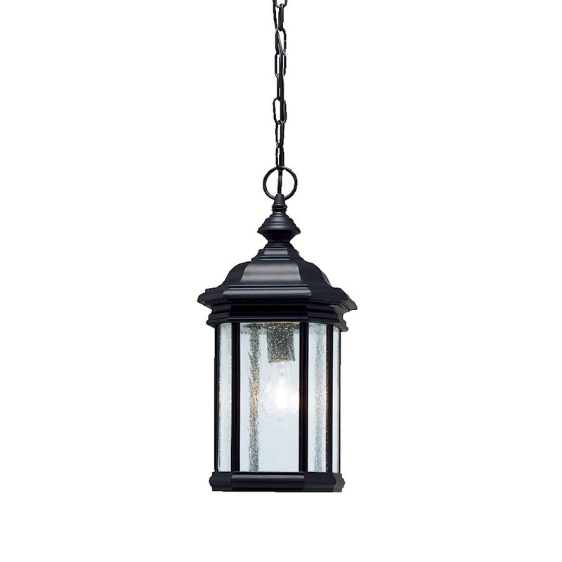 Kichler Kirkwood 8.5in 1-Light Outdoor Pendant | Transitional Black and Clear Seeded Glass | Covered Patios & Entryways | Model 9810BK
