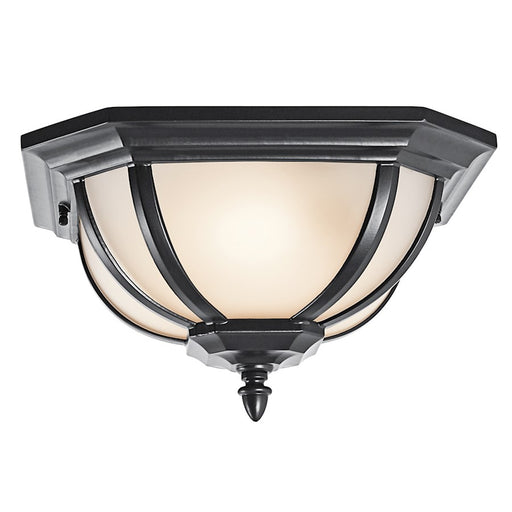 Kichler Salisbury 13.5in 2-Light Outdoor Flush Mount | Transitional Black and White Linen Glass | Covered Patio & Entryway | Model 9848BK