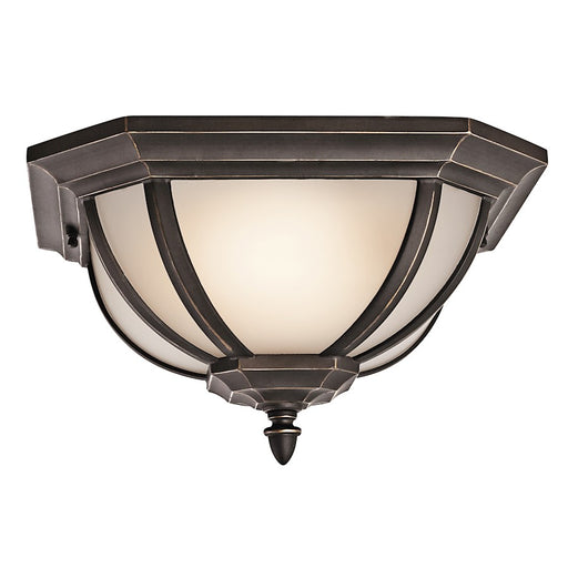 Kichler Salisbury 13.5in 2-Light Outdoor Flush Mount | Transitional Rubbed Bronze and White Linen Glass | Covered Porch | Model 9848RZ