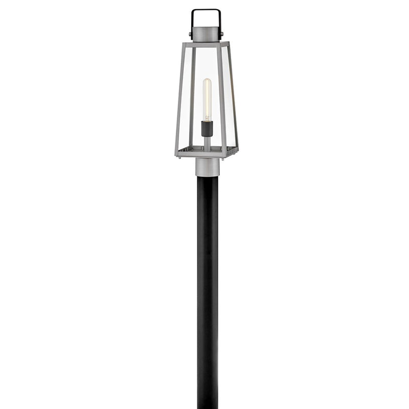 Lark Hugh 22in 1-Light Outdoor Post Lantern | Transitional Antique Brushed Aluminum and Black Clear Glass | Porch & Patio | 7 x 7 x 22 in | Model 82001AL