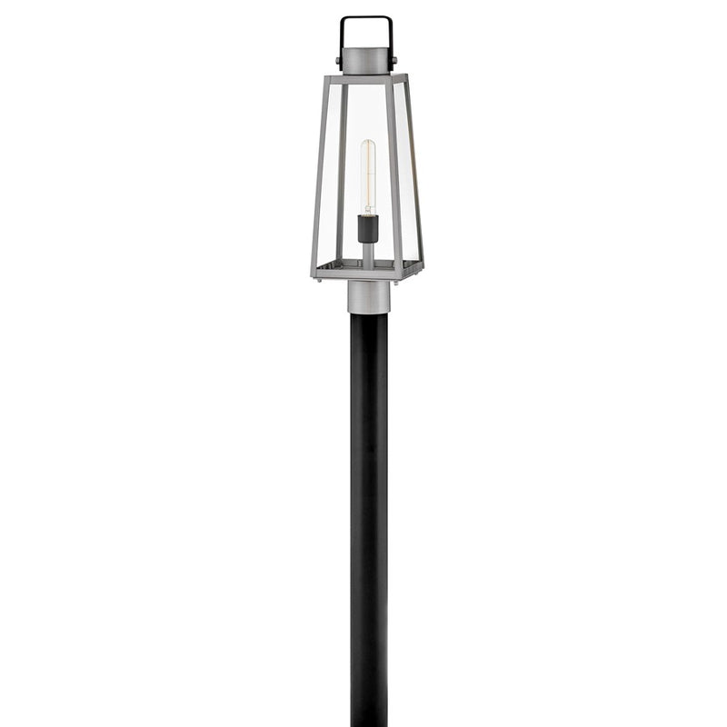 Lark Hugh 22in 1-Light Outdoor Post Lantern | Transitional Antique Brushed Aluminum and Black Clear Glass | Porch & Patio | 7 x 7 x 22 in | Model 82001AL