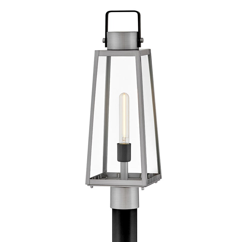Lark Hugh 22in 1-Light Outdoor Post Lantern | Transitional Antique Brushed Aluminum and Black Clear Glass | Porch & Patio | 7 x 7 x 22 in | Model 82001AL