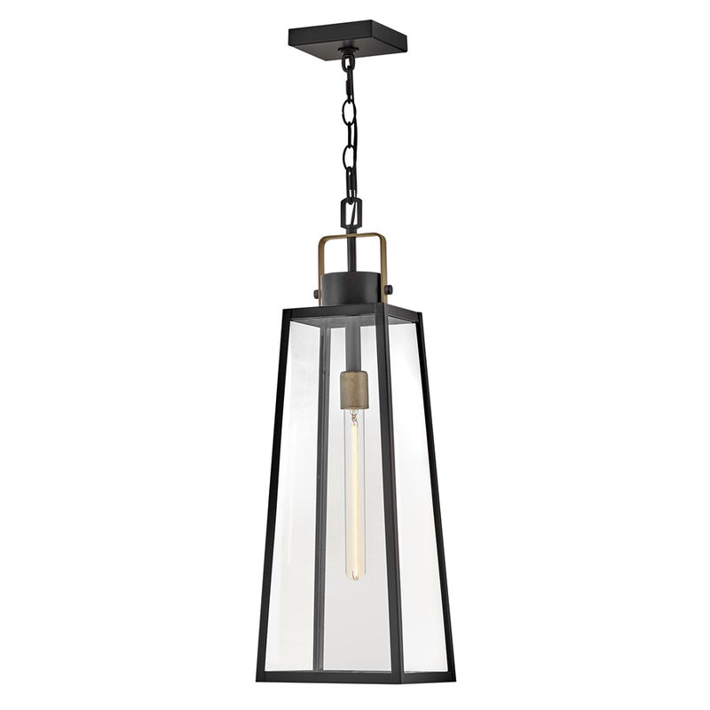 Lark Hugh 27in 1-Light Outdoor Hanging Lantern | Transitional Black Aluminum and Clear Glass | Covered Porch & Patio | 8 x 8 x 27 in | Model 82002BK