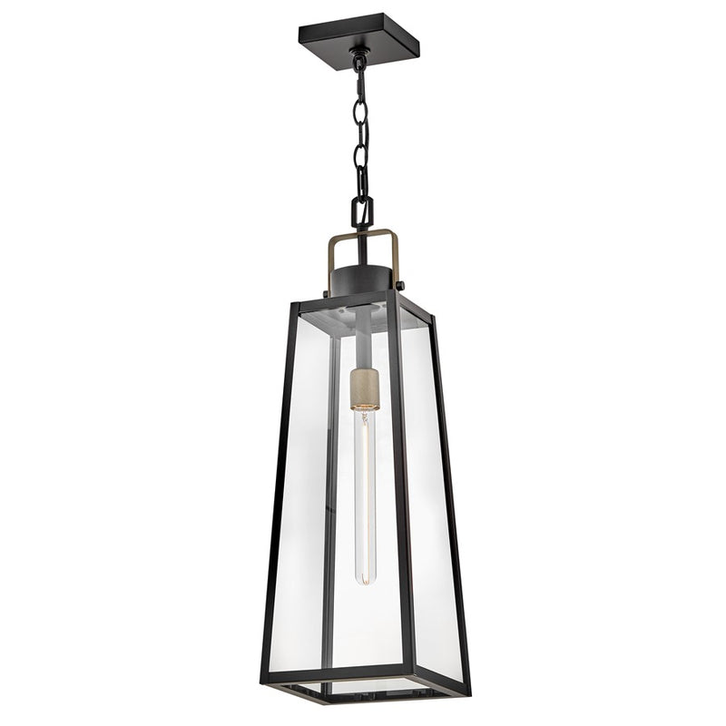 Lark Hugh 27in 1-Light Outdoor Hanging Lantern | Transitional Black Aluminum and Clear Glass | Covered Porch & Patio | 8 x 8 x 27 in | Model 82002BK
