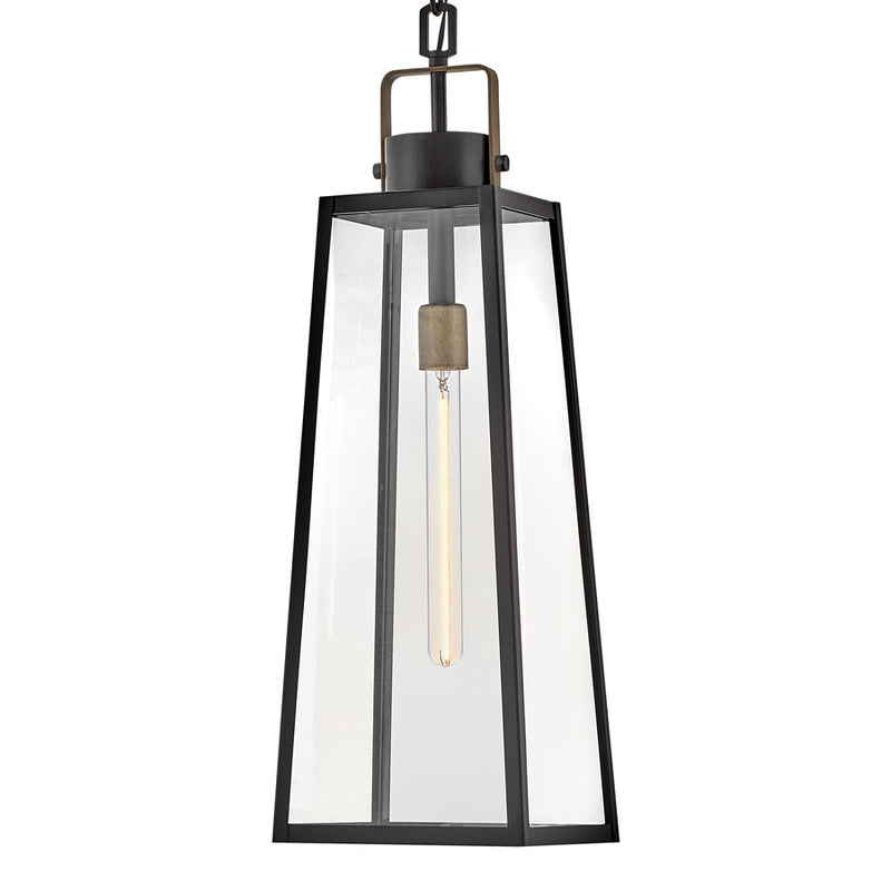 Lark Hugh 27in 1-Light Outdoor Hanging Lantern | Transitional Black Aluminum and Clear Glass | Covered Porch & Patio | 8 x 8 x 27 in | Model 82002BK