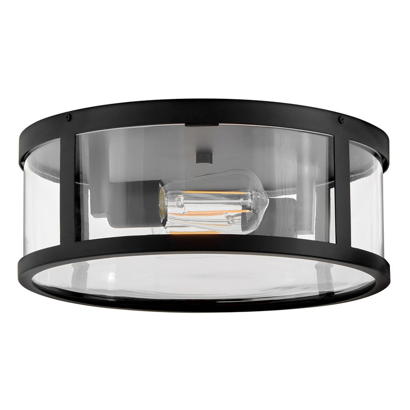 Lark Alfie 14in 2-Light Outdoor Flush Mount | Transitional Black Aluminum and Clear Seedy Glass | Covered Patios & Entryways | 14 x 14 x 5 | Model 82053BK