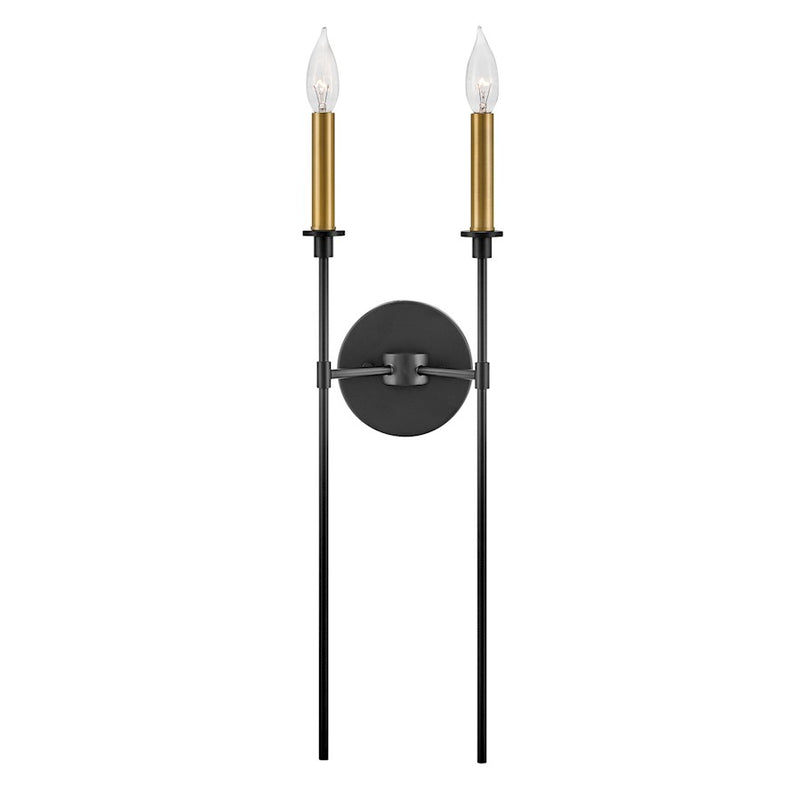 Lark Hux 24in 2-Light Wall Sconce | Transitional Black Steel and Lacquered Brass | Hallway & Bedroom Accent | 5 x 8 x 24 in | Model 83072BK