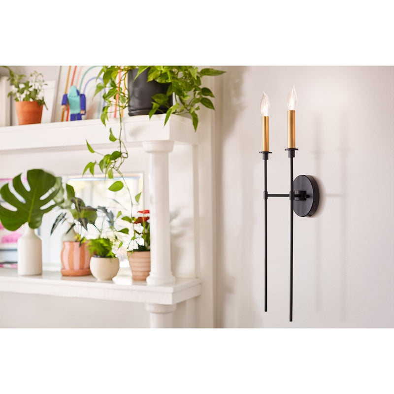 Lark Hux 24in 2-Light Wall Sconce | Transitional Black Steel and Lacquered Brass | Hallway & Bedroom Accent | 5 x 8 x 24 in | Model 83072BK