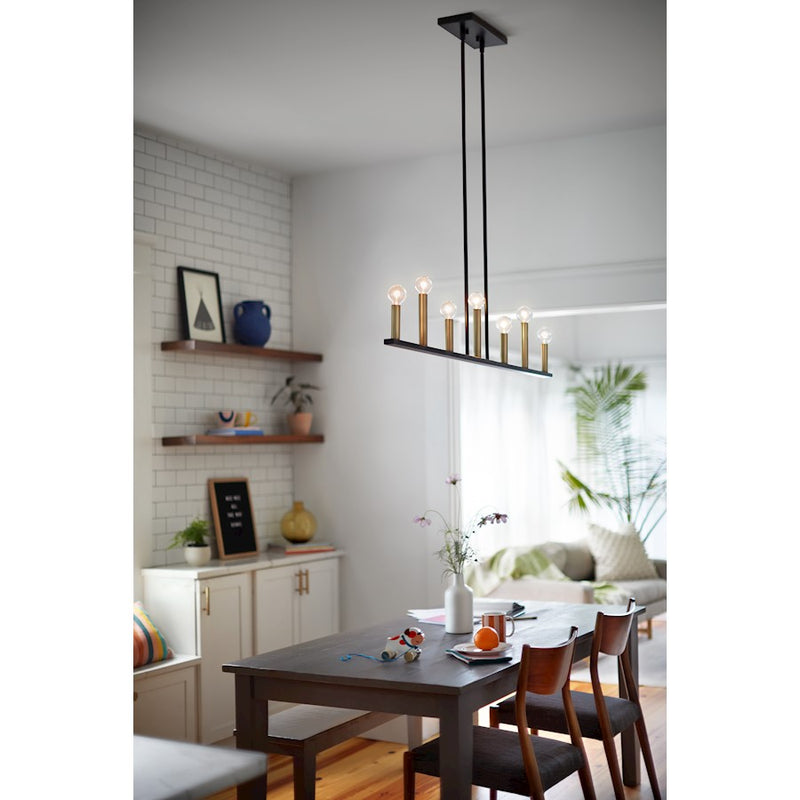 Lark Lazlo 40in 7-Light Linear Chandelier | Transitional Black Steel and Lacquered Brass | Dining Room & Kitchen Island | 4 x 40 x 6 in | Model 83156BK