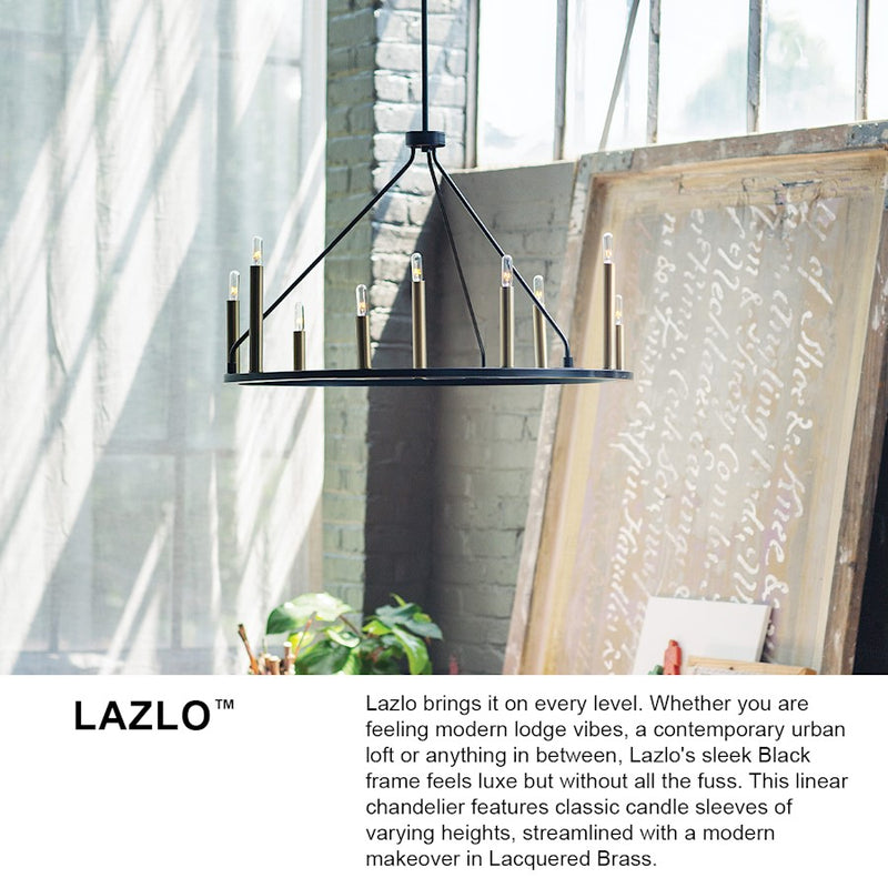 Lark Lazlo 38in 12-Light Chandelier | Transitional Black Steel and Lacquered Brass | Dining Room & Living Room | 38 x 38 x 20 in | Model 83159BK