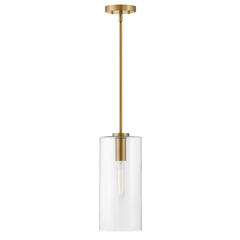 Lark Lane 7in 1-Light Pendant | Transitional Lacquered Brass Steel and Clear Glass | Kitchen Island & Dining Room | 7 x 7 x 16 in | Model 83377LCB