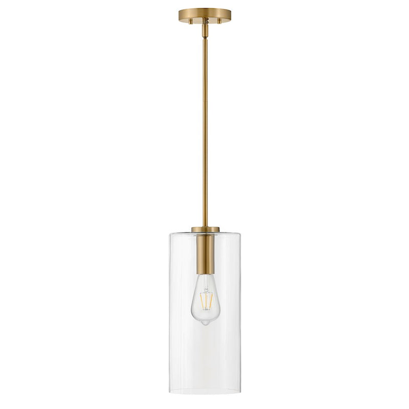 Lark Lane 7in 1-Light Pendant | Transitional Lacquered Brass Steel and Clear Glass | Kitchen Island & Dining Room | 7 x 7 x 16 in | Model 83377LCB