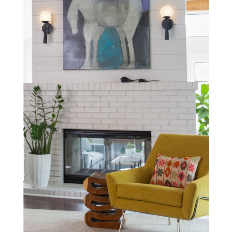 Lark Izzy 1-Light Wall Sconce | Mid-Century Modern Black Steel and Cased Opal Glass | Bedroom & Hallway Accent Light | 8 x 6 x 16 in | Model 83500BK