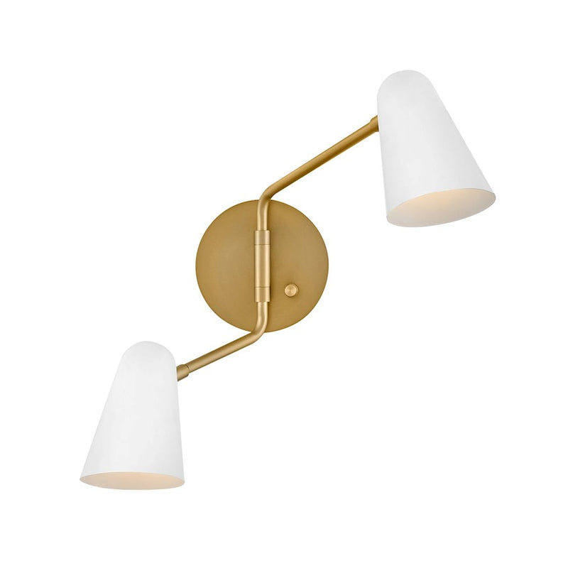 Lark Birdie 2-Light Large Wall Sconce | Mid-Century Modern Lacquered Brass Steel and Matte White Shade | Living Room & Bedroom Accent | Model 83542LCB-MW