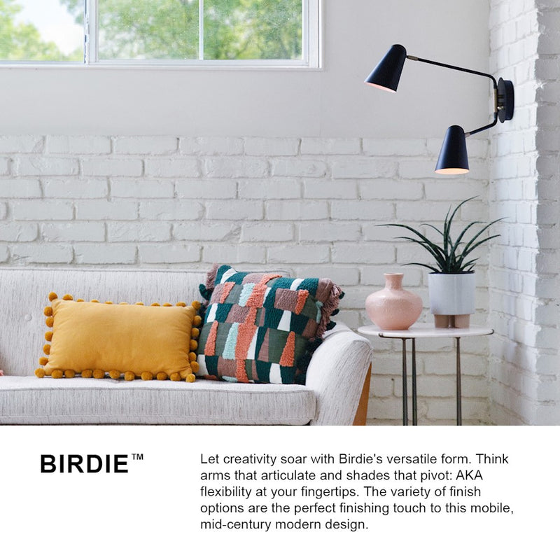 Lark Birdie 2-Light Large Wall Sconce | Mid-Century Modern Lacquered Brass Steel and Matte White Shade | Living Room & Bedroom Accent | Model 83542LCB-MW