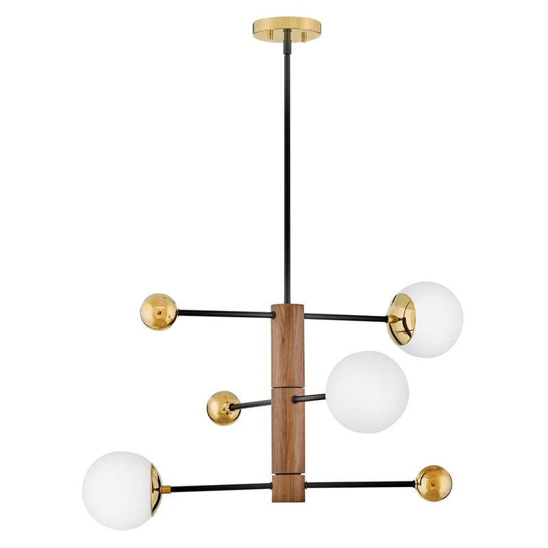 Lark Auggie 30in 3-Light Multi Tier Chandelier | Midcentury Modern Bright Brass and Walnut Wood with Etched Opal Glass | Dining Room & | Model 83573BBR