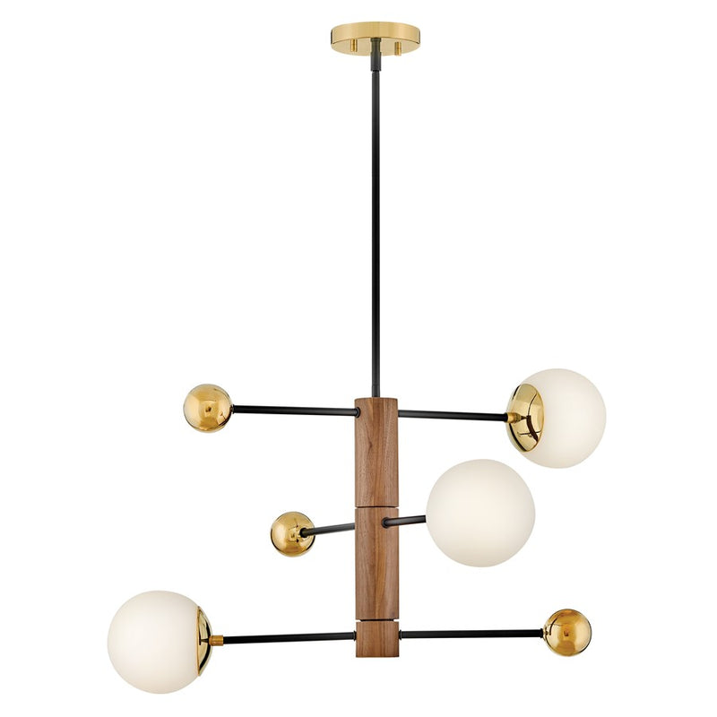 Lark Auggie 30in 3-Light Multi Tier Chandelier | Midcentury Modern Bright Brass and Walnut Wood with Etched Opal Glass | Dining Room & | Model 83573BBR