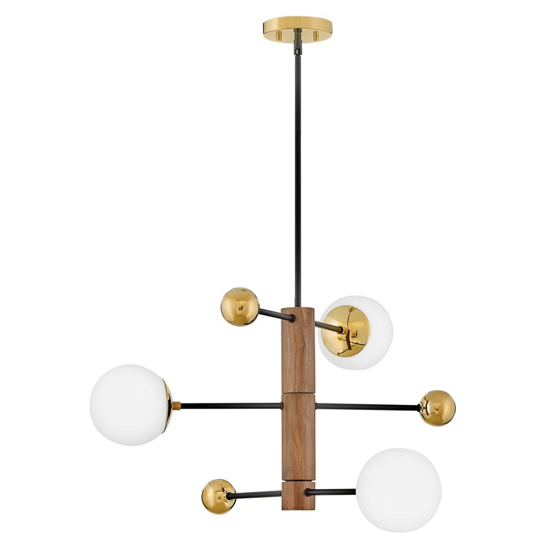 Lark Auggie 30in 3-Light Multi Tier Chandelier | Midcentury Modern Bright Brass and Walnut Wood with Etched Opal Glass | Dining Room & | Model 83573BBR