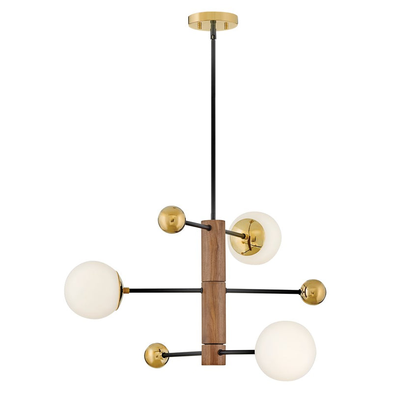 Lark Auggie 30in 3-Light Multi Tier Chandelier | Midcentury Modern Bright Brass and Walnut Wood with Etched Opal Glass | Dining Room & | Model 83573BBR