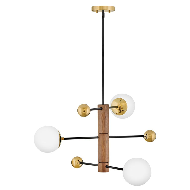 Lark Auggie 30in 3-Light Multi Tier Chandelier | Midcentury Modern Bright Brass and Walnut Wood with Etched Opal Glass | Dining Room & | Model 83573BBR