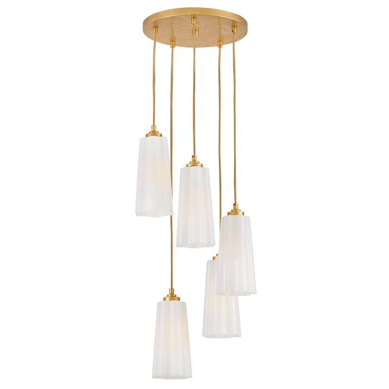 Lark Honey 5 Light Small Chandelier, Distressed Brass/Cased Opal