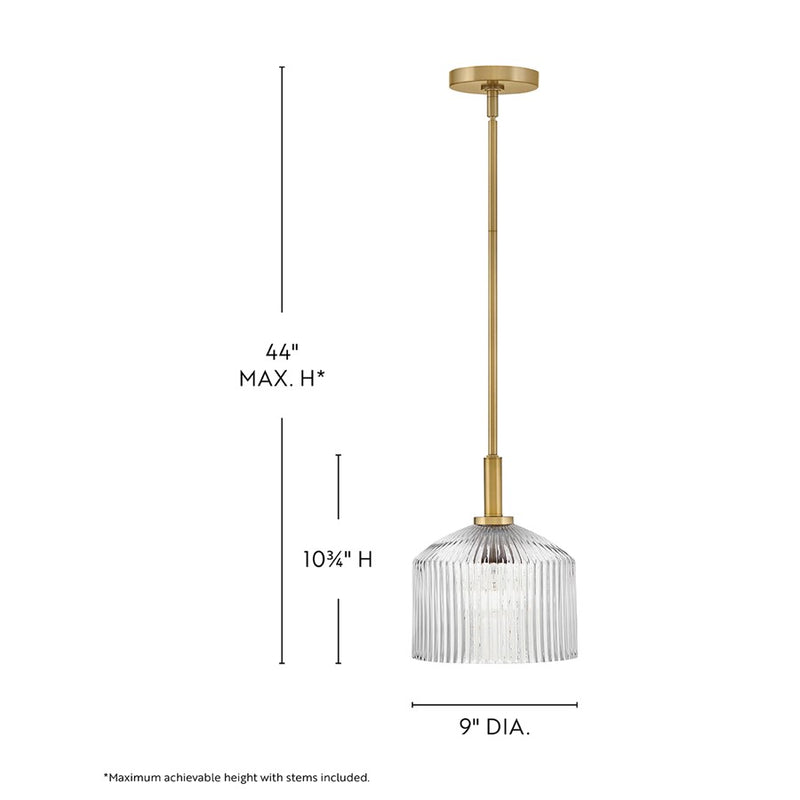 Lark Lisette 9in 1-Light Small Pendant | Transitional Lacquered Brass Steel and Clear Ribbed Glass | Kitchen Island & Dining Room | 9 x 9 | Model 83727LCB