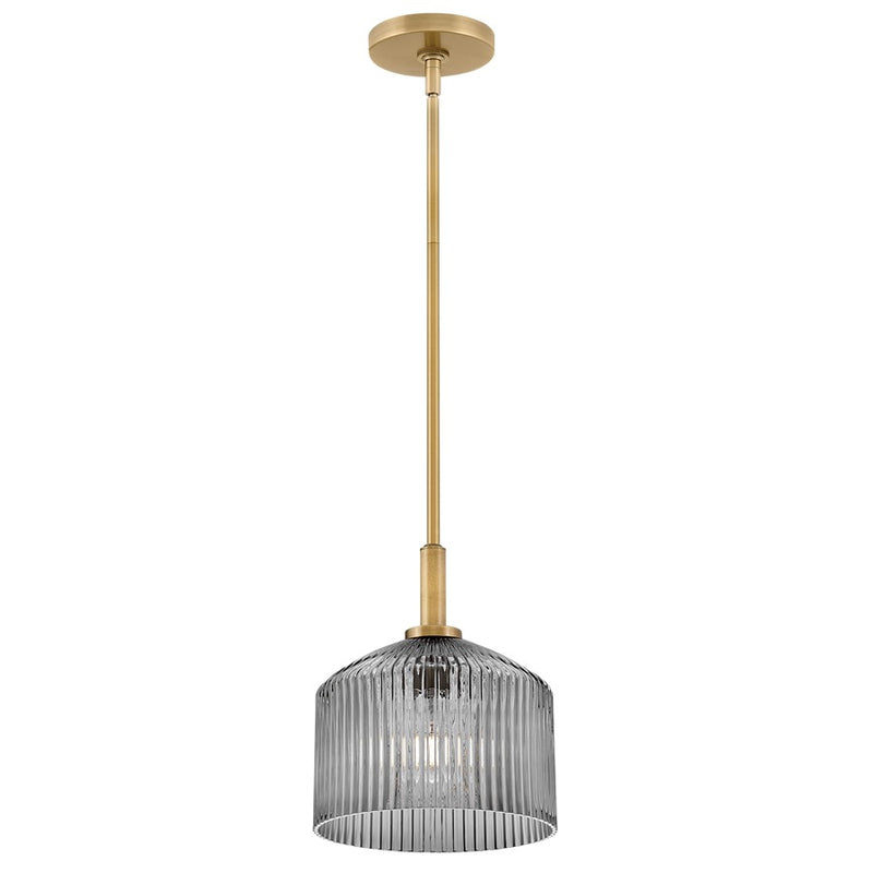 Lark Lisette 9in 1-Light Small Pendant | Classic Transitional Lacquered Brass Steel and Smoke Ribbed Glass | Kitchen Island & Dining | Model 83727LCB-SM