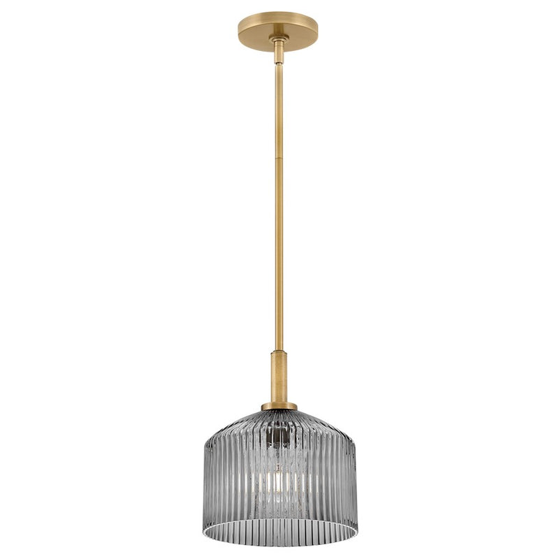 Lark Lisette 9in 1-Light Small Pendant | Classic Transitional Lacquered Brass Steel and Smoke Ribbed Glass | Kitchen Island & Dining | Model 83727LCB-SM