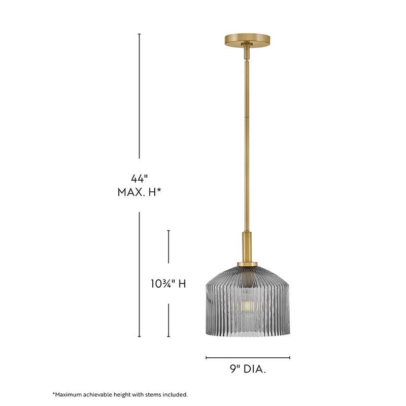 Lark Lisette 9in 1-Light Small Pendant | Classic Transitional Lacquered Brass Steel and Smoke Ribbed Glass | Kitchen Island & Dining | Model 83727LCB-SM