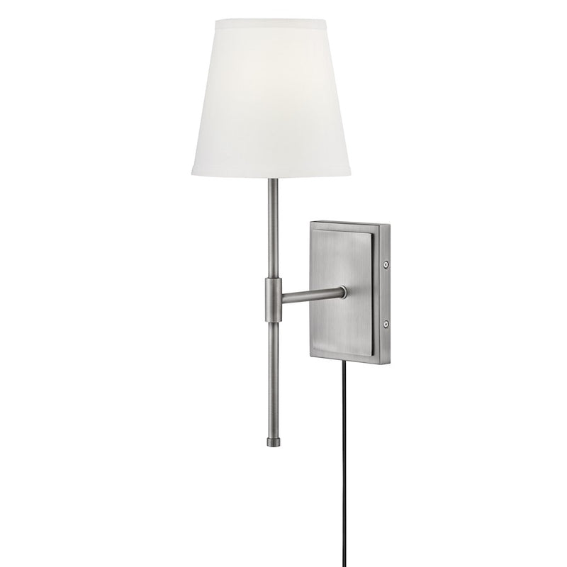 Lark Beale 1-Light Wall Sconce | Classic Antique Nickel Steel and White Linen Shade | Bedroom & Hallway Accent Light | 9 x 7 x 19 in | Model 83770AN