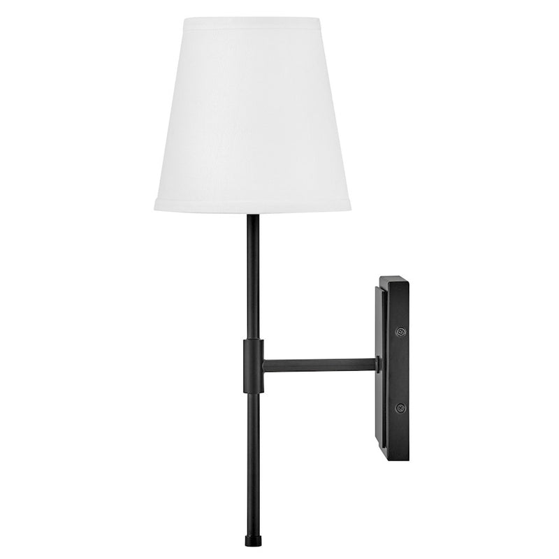 Lark Beale 9in 1-Light Wall Sconce | Classic Black Steel and White Linen Shade | Bedroom & Hallway Accent Light | 9 x 7 x 19 in | Model 83770BK