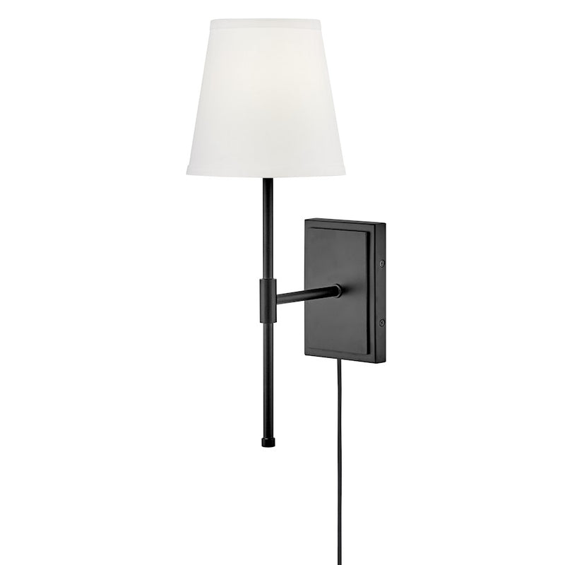 Lark Beale 9in 1-Light Wall Sconce | Classic Black Steel and White Linen Shade | Bedroom & Hallway Accent Light | 9 x 7 x 19 in | Model 83770BK