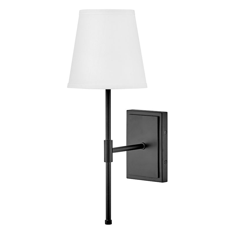 Lark Beale 9in 1-Light Wall Sconce | Classic Black Steel and White Linen Shade | Bedroom & Hallway Accent Light | 9 x 7 x 19 in | Model 83770BK